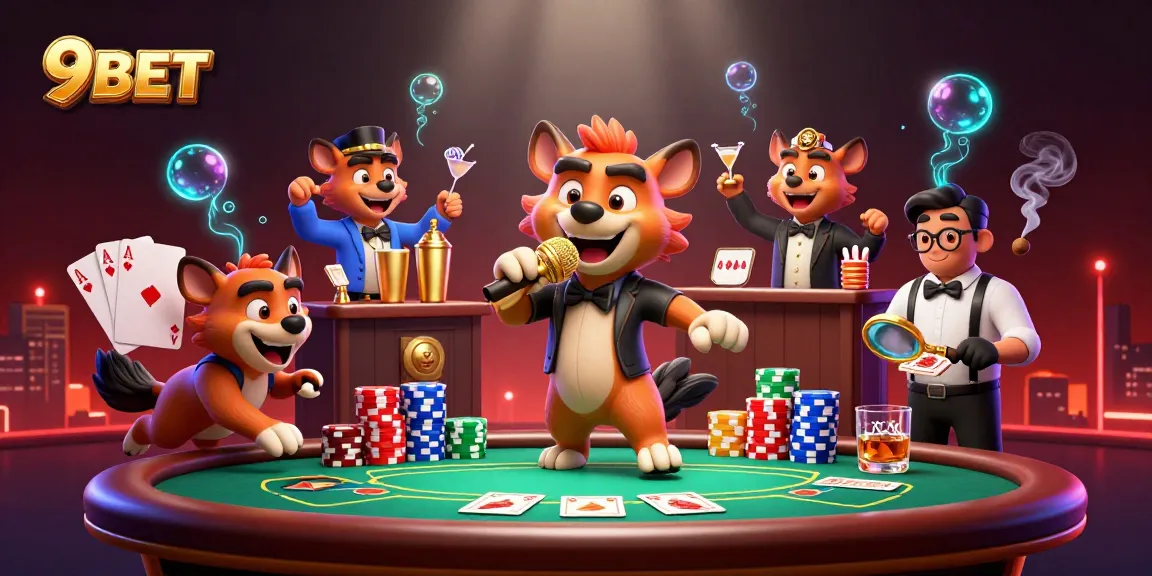 Experience engaging comedy and drinks at 9BET's vibrant casino scene featuring hyenas.