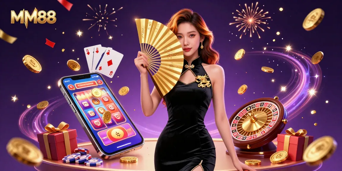 Engage with MM88 in this vibrant digital illustration featuring casino elements and a stunning character.