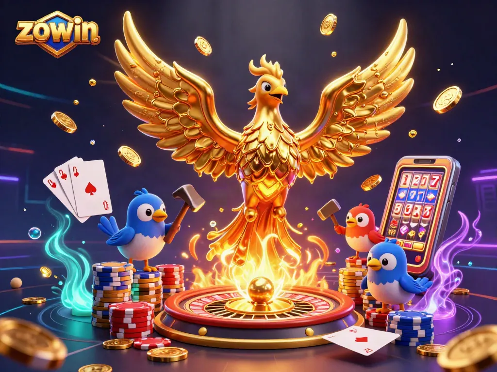 Zowin's golden phoenix rises amidst casino excitement, surrounded by dazzling coins and vibrant games.