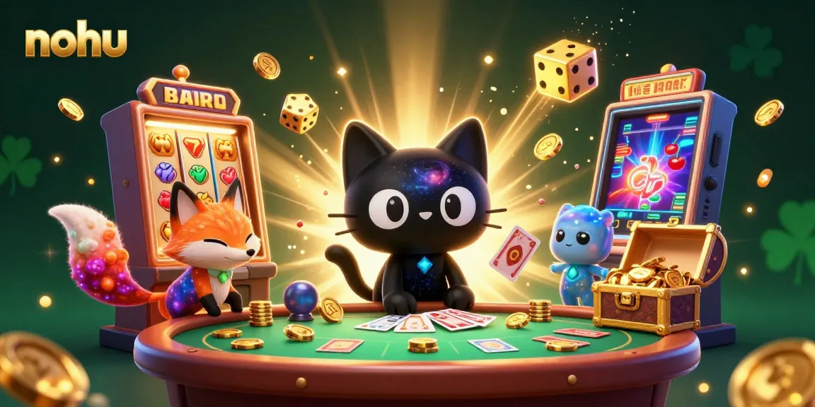 Nohu cosmos scene featuring a black hole cat and nebula fox amidst a jackpot explosion in a vibrant casino