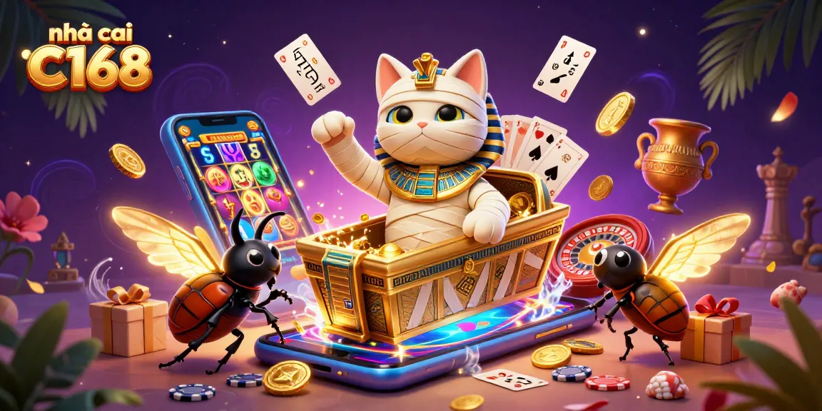 Experience the thrill at nhà cái C168 with a vibrant scene featuring a magical mummy cat, glowing scarab, and dynamic casino elements.