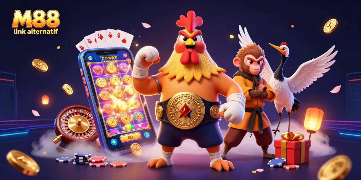 Experience M88 link alternatif with muay thai rooster and martial artist amid casino excitement.