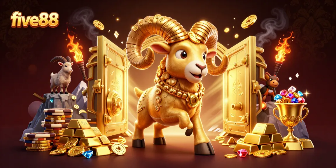 five88 showcases a striking 3D cartoon golden ram charging through a treasure vault, symbolizing casino excitement.