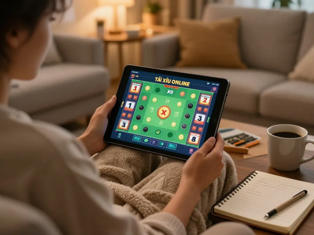 Tài Xỉu Online gaming session on tablet in a cozy living room, emphasizing strategic gameplay.