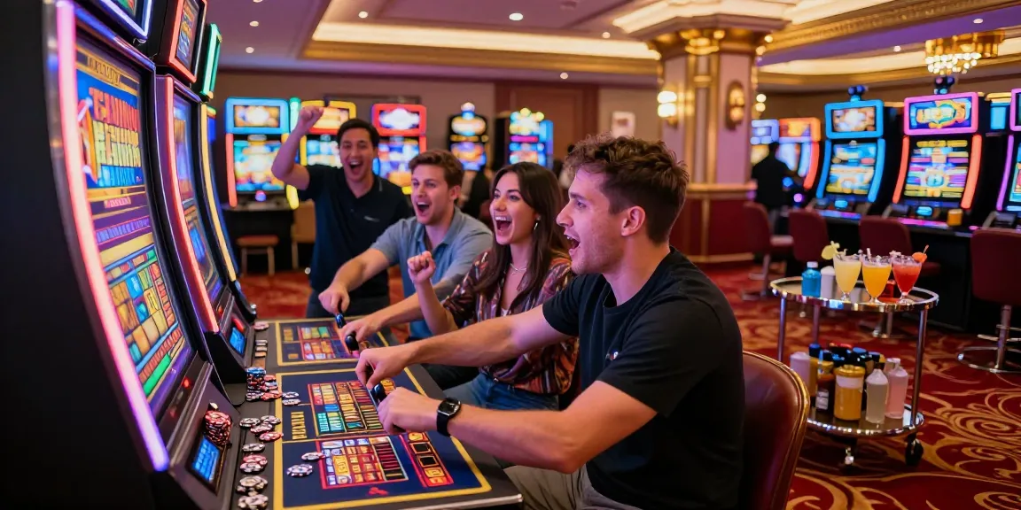 Exciting casino scene featuring players around a slot gacor machine with colorful lights and celebratory atmosphere.