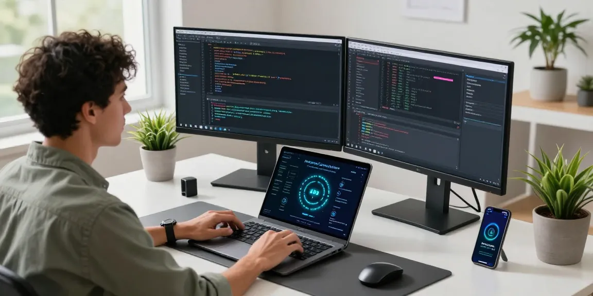 快连 developer in a modern workspace optimizing network performance with dual monitors and coding tools.