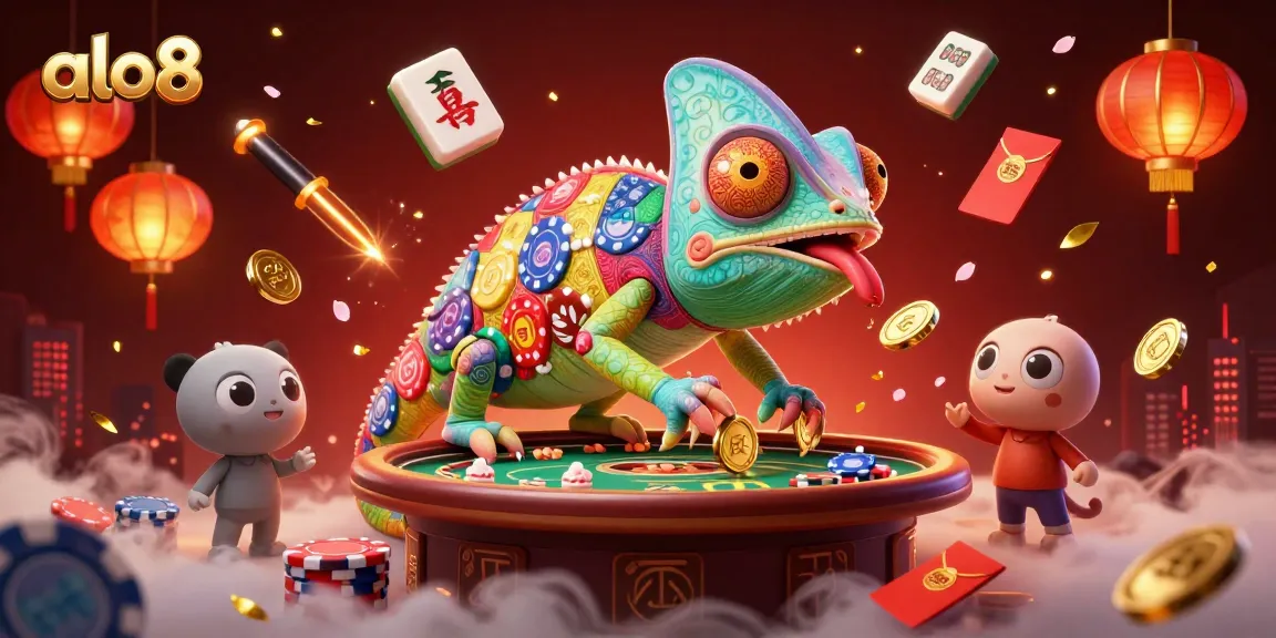 Experience the vibrant world of alo8 gambling, with a chameleon casino owner capturing golden coins amidst thrilling game elements.