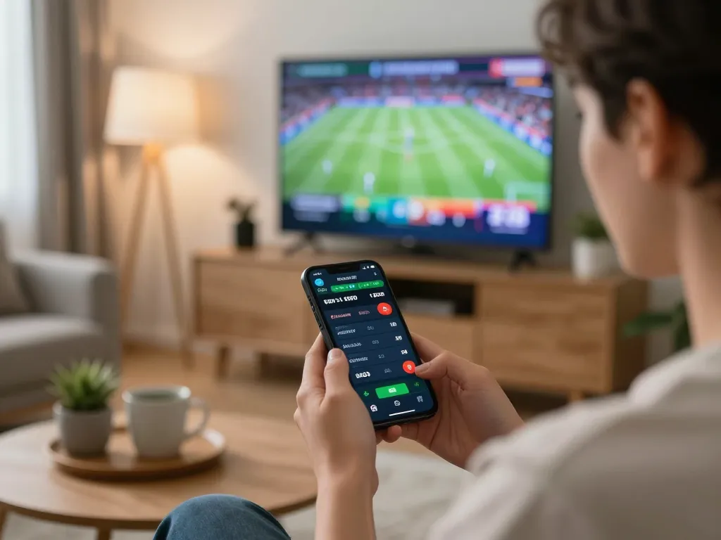 79KING user engaged in dynamic sports betting using a smartphone app in a cozy living room.