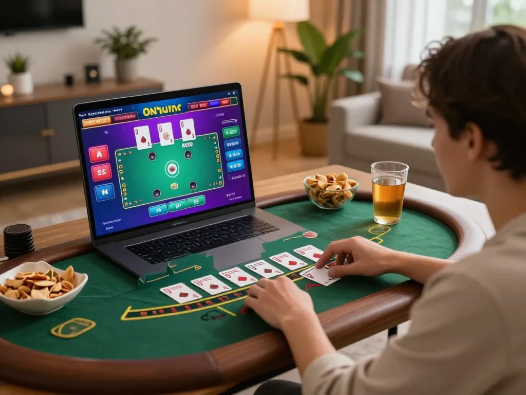 Player engaged at nhà cái jun88, enjoying live dealer blackjack on laptop in cozy home setup.