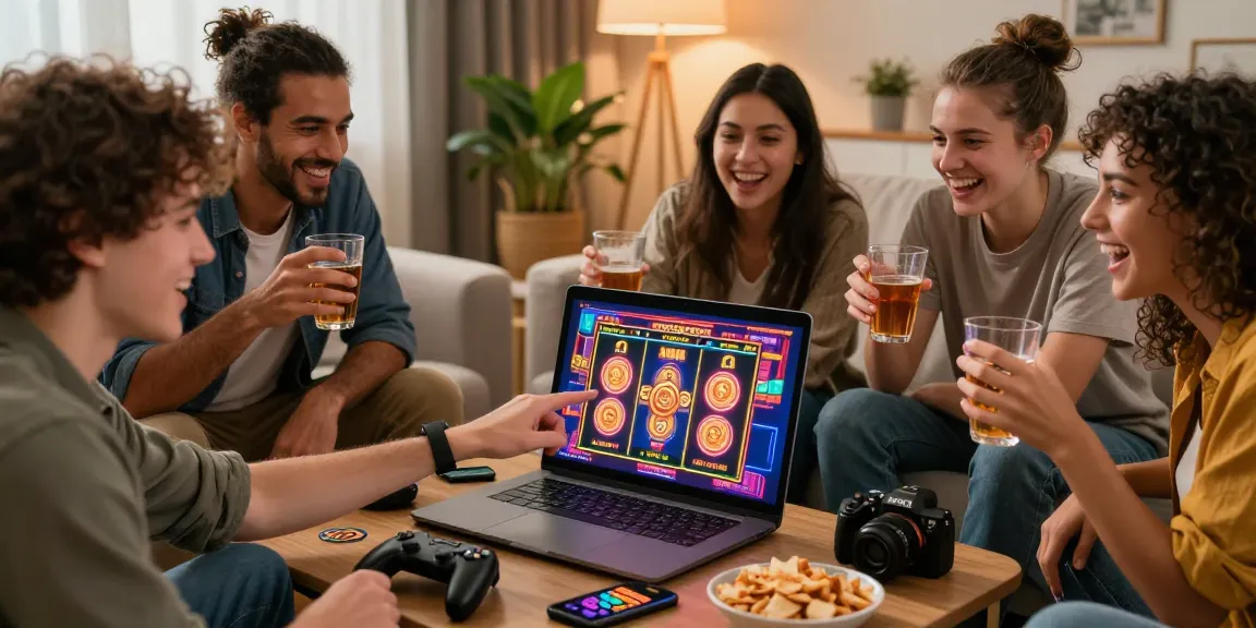 Amici che si godono una vivace sessione di gioco in un casino non AAMS, festeggiando le vittorie con bevande e snack.