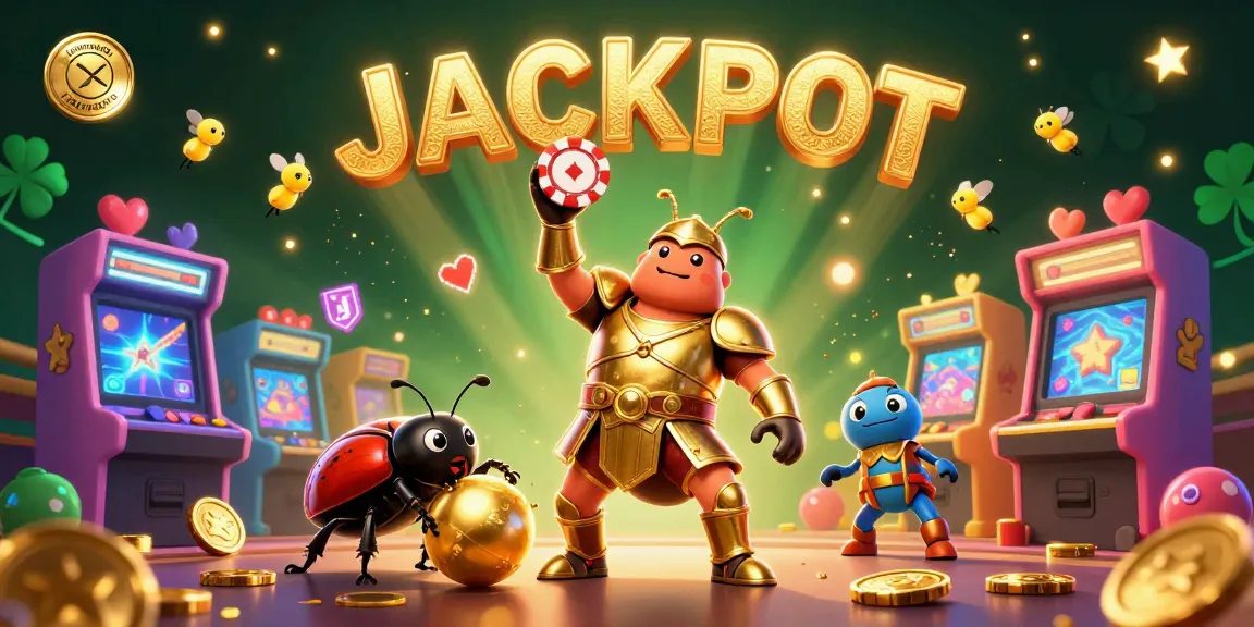Experience the thrill of fretimaging as a heroic beetle celebrates a jackpot win amidst a dazzling casino scene.